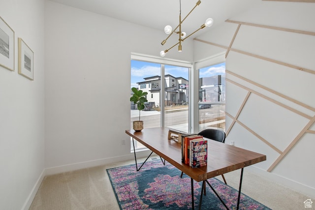 5516 N Valley View Rd, Lehi, UT 84043 - office with light colored carpet, baseboards, and a chandelier