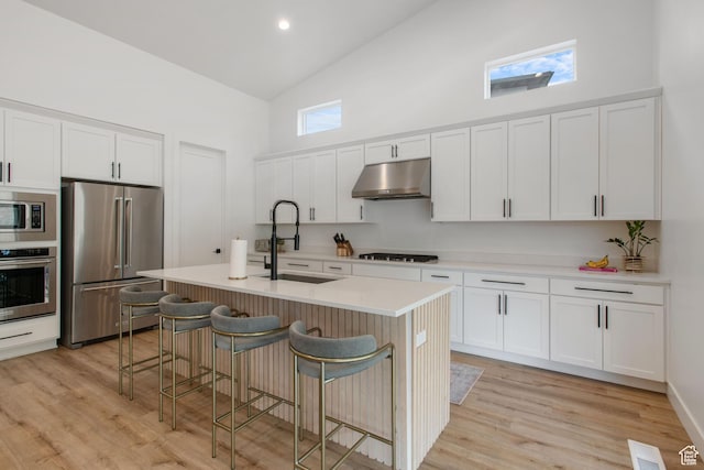 5516 N Valley View Rd, Lehi, UT 84043 - kitchen featuring high vaulted ceiling, stainless steel appliances, under cabinet range hood, a sink, and a breakfast bar area
