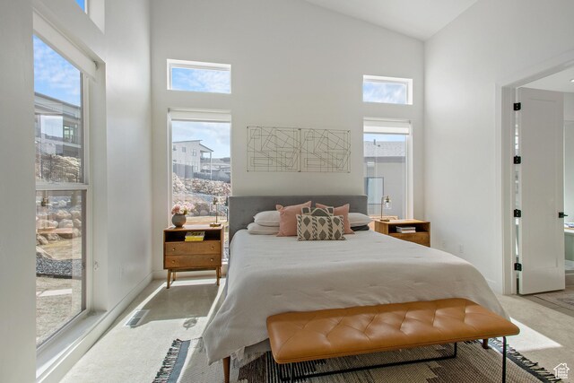5516 N Valley View Rd, Lehi, UT 84043 - bedroom with a high ceiling, baseboards, light colored carpet, and visible vents