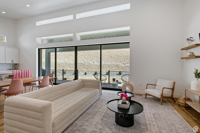 5516 N Valley View Rd, Lehi, UT 84043 - living room with baseboards, wood finished floors, a towering ceiling, and recessed lighting