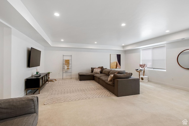 5516 N Valley View Rd, Lehi, UT 84043 - living area featuring a raised ceiling, baseboards, light colored carpet, and recessed lighting
