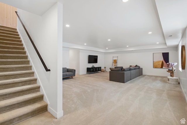 5516 N Valley View Rd, Lehi, UT 84043 - carpeted living area with a raised ceiling, stairs, and recessed lighting