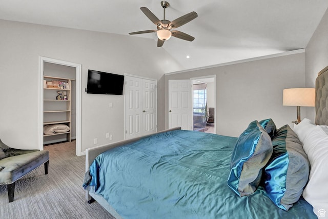 4216 N Wolf Creek Dr, Eden, UT 84310 - bedroom with vaulted ceiling, ensuite bath, baseboards, ceiling fan, and carpet