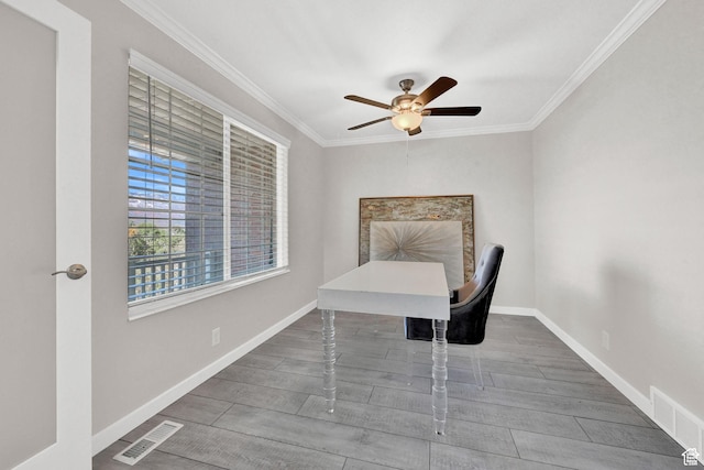 4216 N Wolf Creek Dr, Eden, UT 84310 - unfurnished office featuring ornamental molding, visible vents, and a ceiling fan