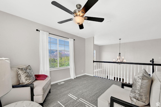 4216 N Wolf Creek Dr, Eden, UT 84310 - sitting room featuring baseboards, carpet flooring, visible vents, and ceiling fan with notable chandelier