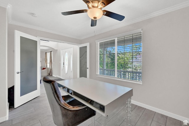 4216 N Wolf Creek Dr, Eden, UT 84310 - dining area featuring light wood-style flooring, ceiling fan, ornamental molding, and a healthy amount of sunlight