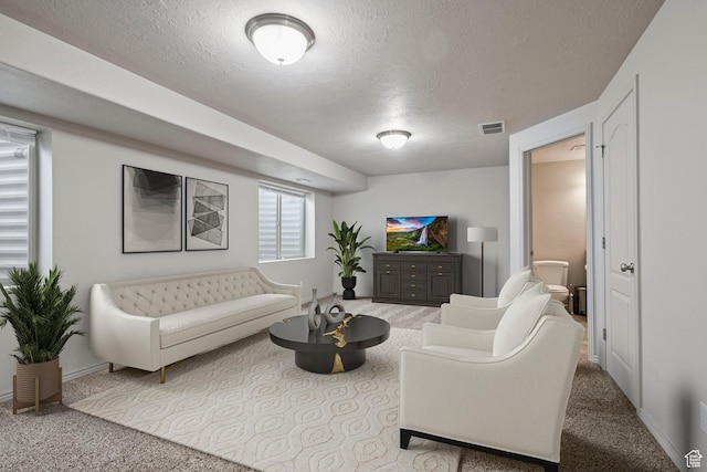 living room with a textured ceiling and carpet floors