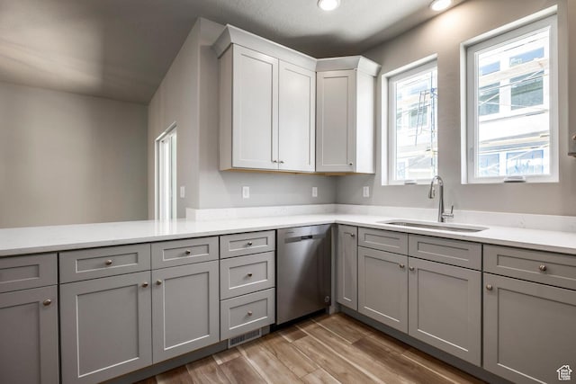 2746 E 1060 S, Spanish Fork, UT 84660 - kitchen featuring visible vents, light wood-style flooring, a sink, gray cabinets, and stainless steel dishwasher