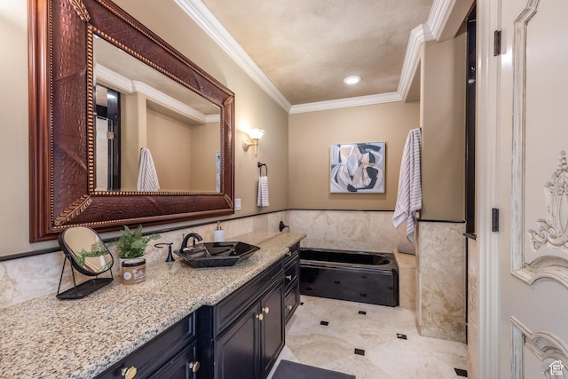 2726 E Wasatch Dr Unit 18, Salt Lake City, UT 84108 - full bathroom featuring tile walls, a wainscoted wall, ornamental molding, and vanity
