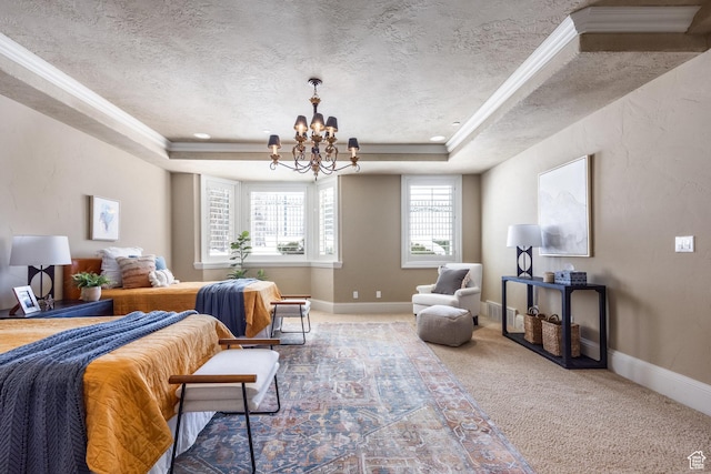 2726 E Wasatch Dr Unit 18, Salt Lake City, UT 84108 - bedroom featuring a textured ceiling, a notable chandelier, carpet flooring, and a raised ceiling