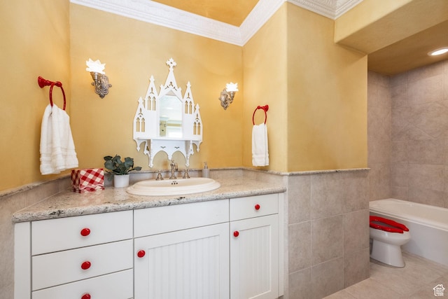 2726 E Wasatch Dr Unit 18, Salt Lake City, UT 84108 - bathroom with tile walls, a bathtub, crown molding, tile patterned floors, and vanity