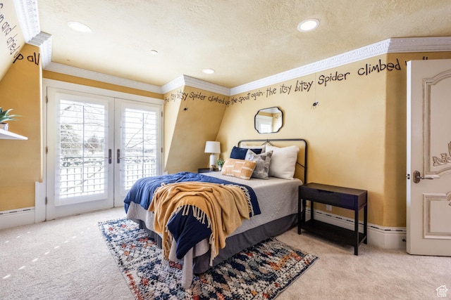 2726 E Wasatch Dr Unit 18, Salt Lake City, UT 84108 - carpeted bedroom with french doors, ornamental molding, baseboards, access to outside, and a textured ceiling