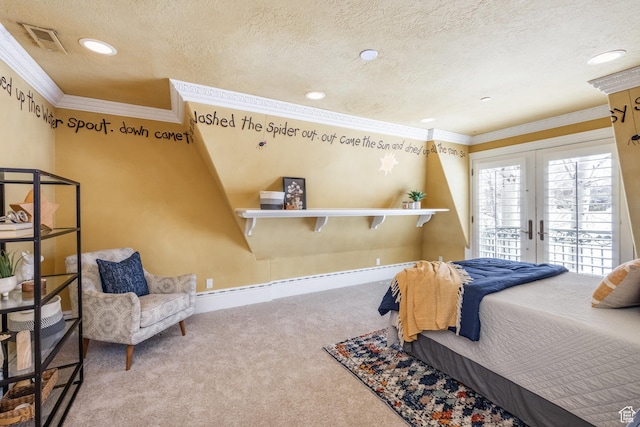 2726 E Wasatch Dr Unit 18, Salt Lake City, UT 84108 - carpeted bedroom with a textured ceiling, visible vents, crown molding, and access to outside