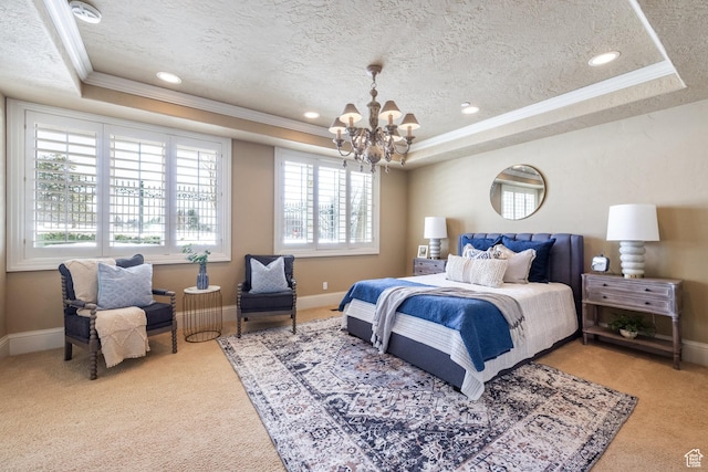 2726 E Wasatch Dr Unit 18, Salt Lake City, UT 84108 - carpeted bedroom with crown molding, baseboards, a textured ceiling, a raised ceiling, and a notable chandelier