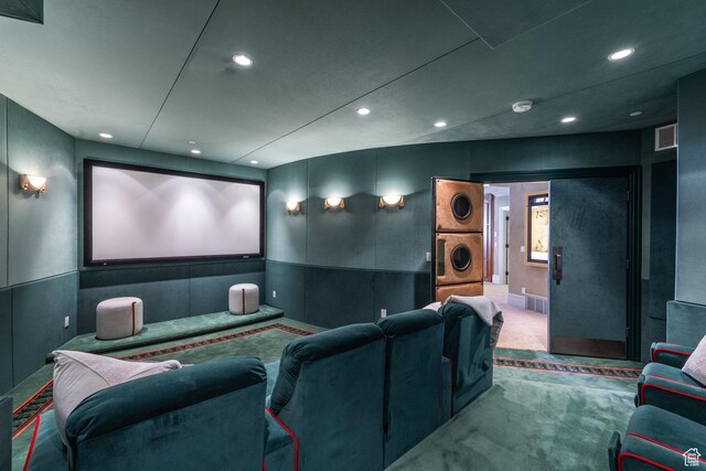 2726 E Wasatch Dr Unit 18, Salt Lake City, UT 84108 - carpeted home theater with stacked washer and dryer, visible vents, and recessed lighting