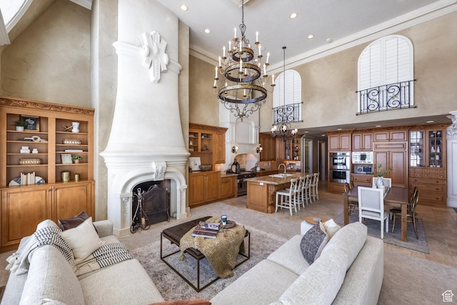 2726 E Wasatch Dr Unit 18, Salt Lake City, UT 84108 - living room with ornamental molding, a towering ceiling, and a notable chandelier