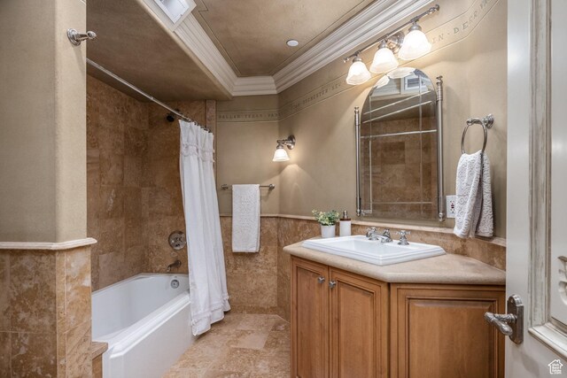 2726 E Wasatch Dr Unit 18, Salt Lake City, UT 84108 - bathroom with crown molding, tile walls, visible vents, shower / bath combination with curtain, and wainscoting