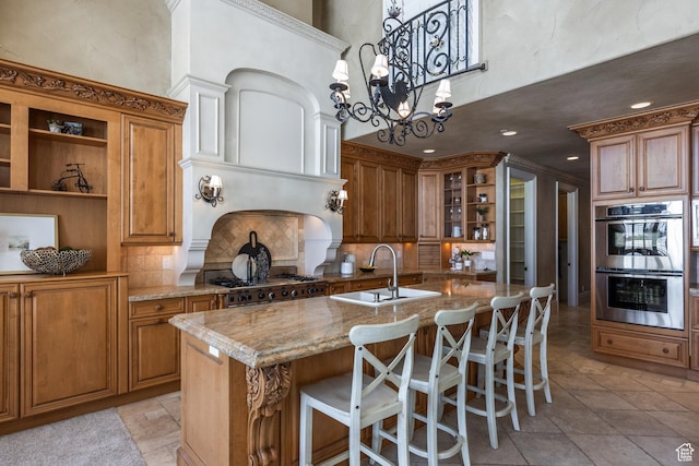 2726 E Wasatch Dr Unit 18, Salt Lake City, UT 84108 - kitchen with a sink, open shelves, double oven, a high ceiling, and stove