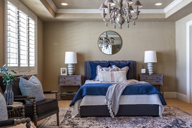 2726 E Wasatch Dr Unit 18, Salt Lake City, UT 84108 - carpeted bedroom with a tray ceiling, a notable chandelier, ornamental molding, and a textured ceiling
