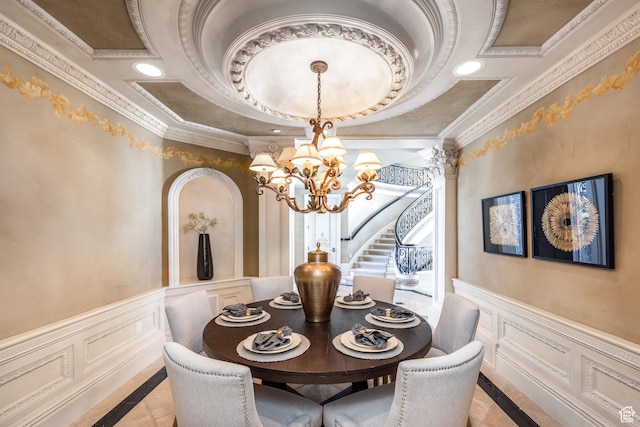 2726 E Wasatch Dr Unit 18, Salt Lake City, UT 84108 - dining space featuring a decorative wall, stairway, a notable chandelier, and ornamental molding