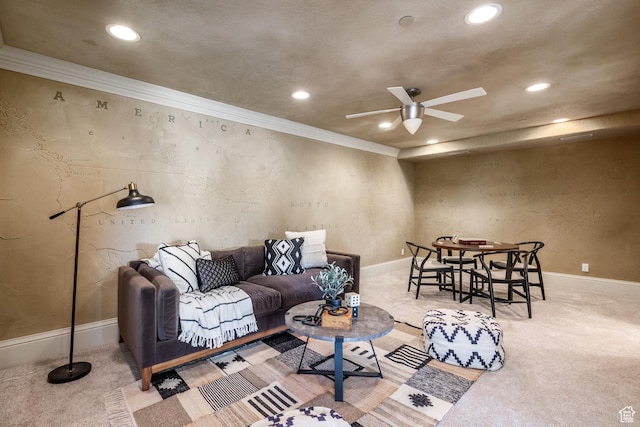 2726 E Wasatch Dr Unit 18, Salt Lake City, UT 84108 - living area with recessed lighting, ornamental molding, carpet, baseboards, and ceiling fan