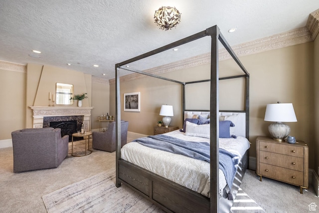 2726 E Wasatch Dr Unit 18, Salt Lake City, UT 84108 - carpeted bedroom with crown molding, a premium fireplace, a textured ceiling, baseboards, and recessed lighting
