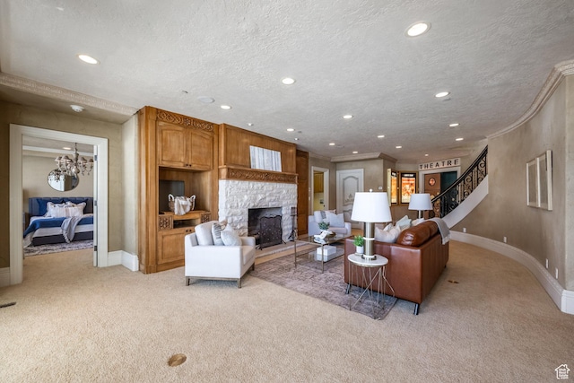 2726 E Wasatch Dr Unit 18, Salt Lake City, UT 84108 - living area featuring a stone fireplace, light colored carpet, crown molding, and a textured ceiling