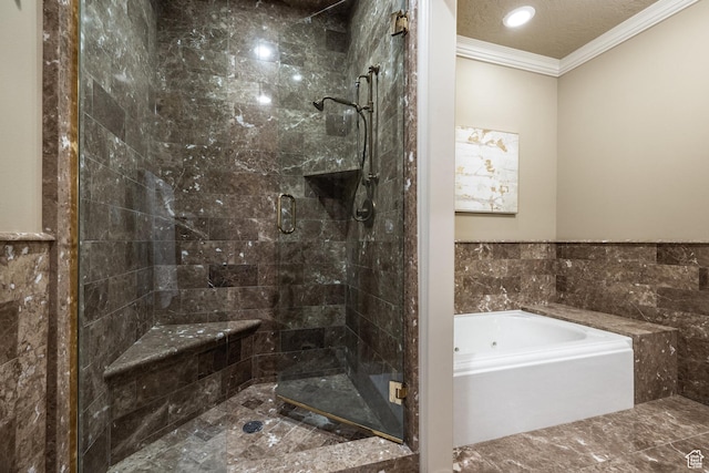 2726 E Wasatch Dr Unit 18, Salt Lake City, UT 84108 - bathroom featuring a textured ceiling, crown molding, a shower stall, recessed lighting, and a garden tub