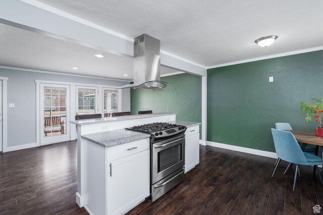 1305 N Valentine St, Salt Lake City, UT 84116 - kitchen featuring gas stove, white cabinetry, dark wood-style floors, and island range hood