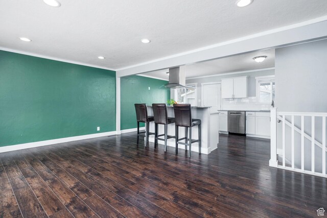 1305 N Valentine St, Salt Lake City, UT 84116 - kitchen featuring a kitchen breakfast bar, dishwasher, island range hood, white cabinets, and dark wood-style flooring