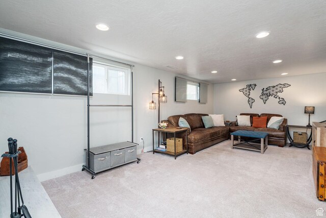 1305 N Valentine St, Salt Lake City, UT 84116 - living area featuring light carpet, baseboards, recessed lighting, and a textured ceiling