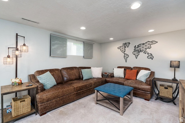 1305 N Valentine St, Salt Lake City, UT 84116 - carpeted living room with a textured ceiling, visible vents, and recessed lighting