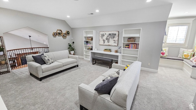 carpeted living area with lofted ceiling, built in features, baseboards, visible vents, and recessed lighting