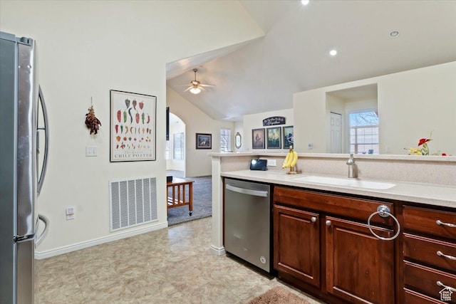 518 W 300 S Unit C, Springville, UT 84663 - kitchen featuring light countertops, stainless steel appliances, a sink, ceiling fan, and visible vents