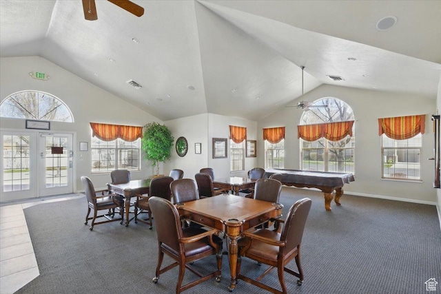 518 W 300 S Unit C, Springville, UT 84663 - carpeted dining area featuring high vaulted ceiling, ceiling fan, visible vents, and a wealth of natural light