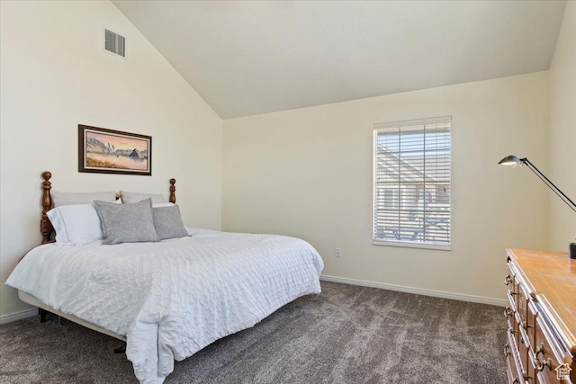 518 W 300 S Unit C, Springville, UT 84663 - bedroom with baseboards, lofted ceiling, visible vents, and dark colored carpet