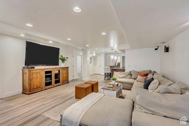 1448 E 155 S, Lindon, UT 84042 - living room featuring baseboards, light wood-style flooring, and recessed lighting