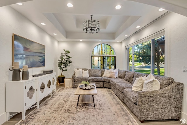 1448 E 155 S, Lindon, UT 84042 - living room with light wood-style flooring, recessed lighting, and a raised ceiling