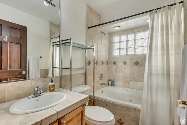 1448 E 155 S, Lindon, UT 84042 - bathroom featuring toilet, backsplash, vanity, tile walls, and tiled shower / bath