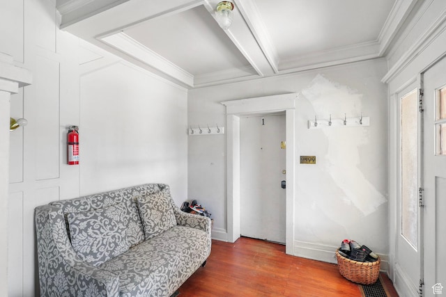 427 E 1st Ave, Salt Lake City, UT 84103 - living area featuring beam ceiling, crown molding, and wood finished floors