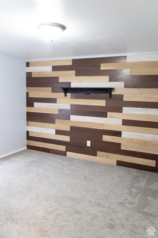 carpeted empty room with wooden walls