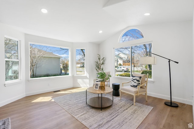 sitting room with baseboards, lofted ceiling, wood finished floors, and a healthy amount of sunlight