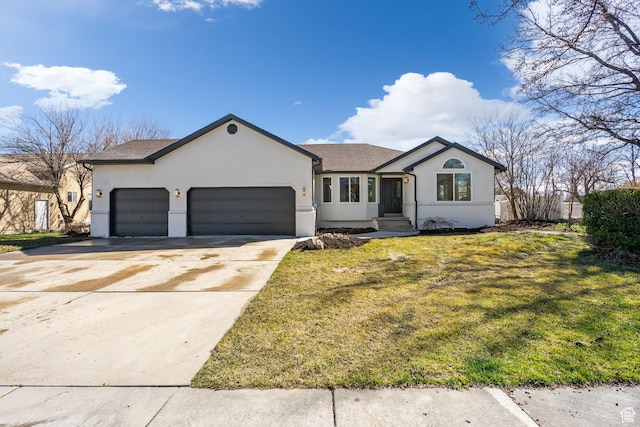 ranch-style house featuring a front yard, a garage, concrete driveway, and stucco siding