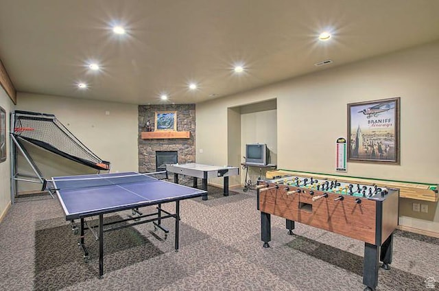 3518 N Moose Hollow Dr, Eden, UT 84310 - game room featuring carpet flooring, a stone fireplace, baseboards, and recessed lighting