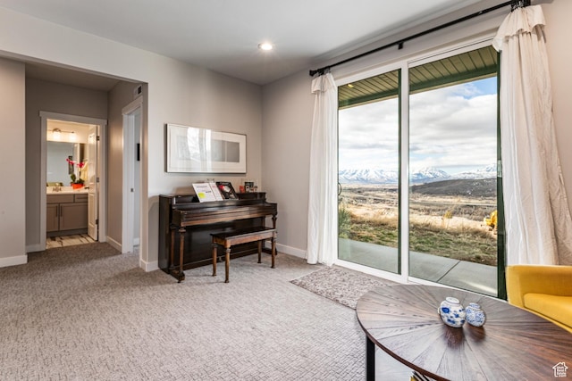 6065 N Westridge Rd, Heber City, UT 84032 - sitting room with recessed lighting, baseboards, a mountain view, and light colored carpet