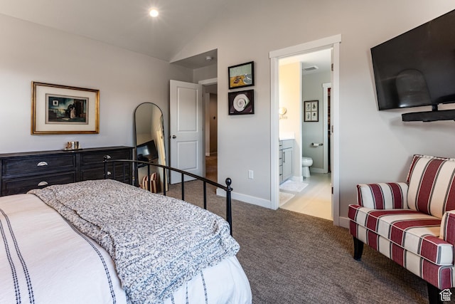 6065 N Westridge Rd, Heber City, UT 84032 - bedroom featuring carpet floors, baseboards, vaulted ceiling, and ensuite bathroom
