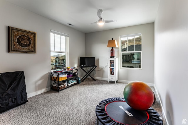 6065 N Westridge Rd, Heber City, UT 84032 - rec room with visible vents, a ceiling fan, carpet, and baseboards