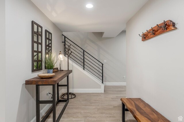 1089 W Cattail Ct, Kamas, UT 84036 - stairs featuring wood finished floors, baseboards, and recessed lighting