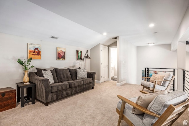 1089 W Cattail Ct, Kamas, UT 84036 - living room with vaulted ceiling, light colored carpet, visible vents, and recessed lighting