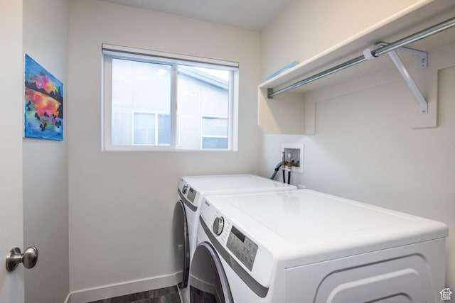 1376 Village Green Trl, Park City, UT 84098 - clothes washing area featuring separate washer and dryer, baseboards, dark wood-type flooring, and laundry area